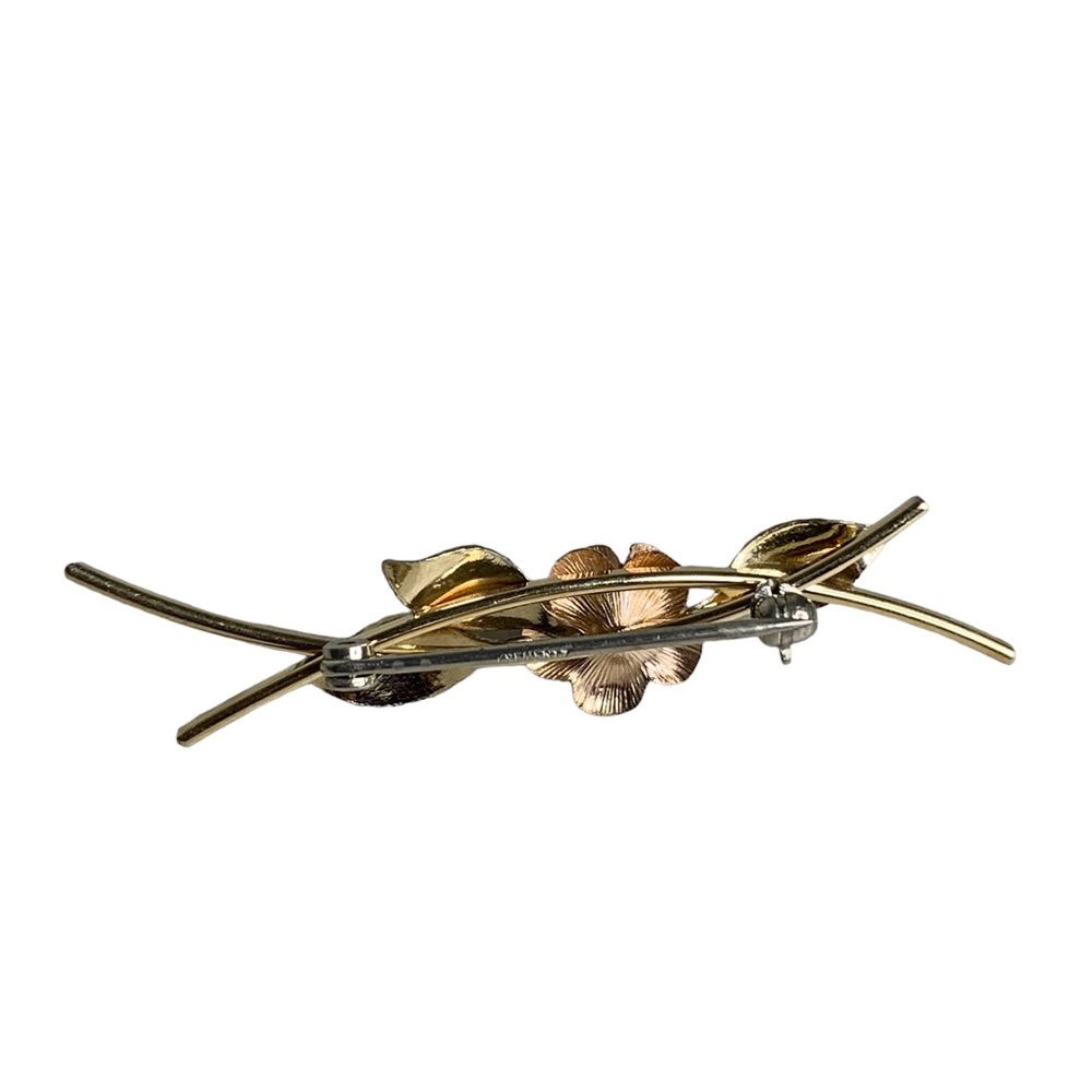Krementz Signed 24K Pink & Yellow Gold Filled Rose Leaves Overly Brooch Pin - Picture 5 of 8